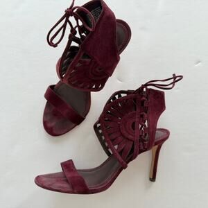 Tory Burch Leyla Cut Out Heels Sandals Burgundy Suede Size 8 Open Toe